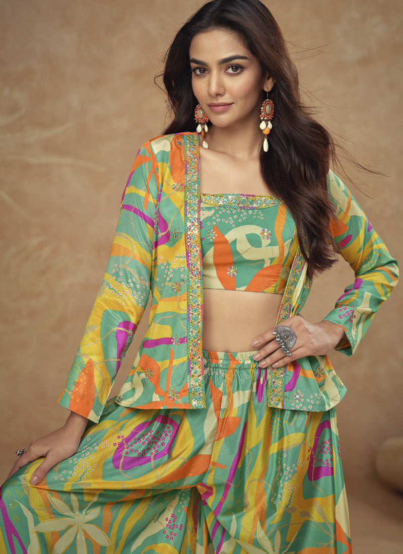 Lime Green Chinon Silk Digital Print Western Suit for Weddings