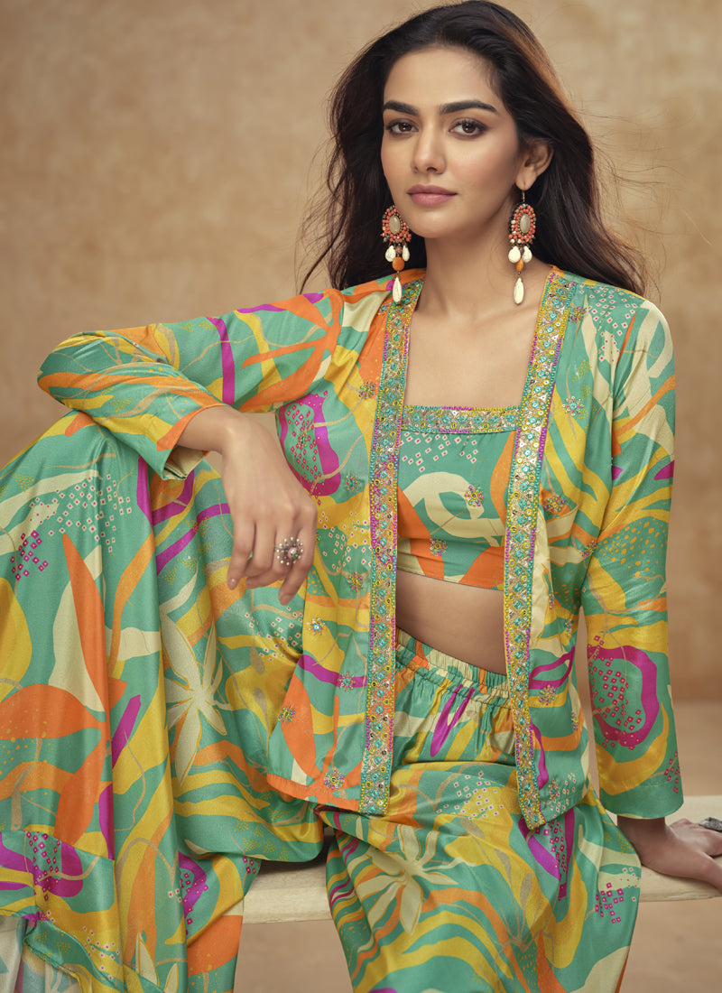 Lime Green Chinon Silk Digital Print Western Suit for Weddings