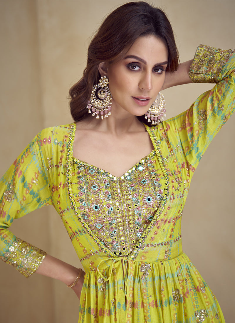 Yellow Chinon Silk Digital Print Western Suit for Festive Wear
