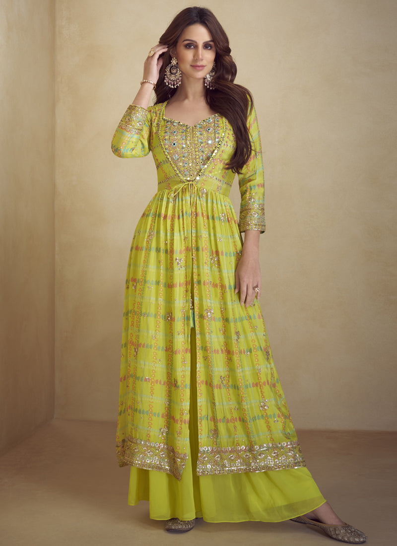 Yellow Chinon silk suit with digital print and embroidery for festive occasions