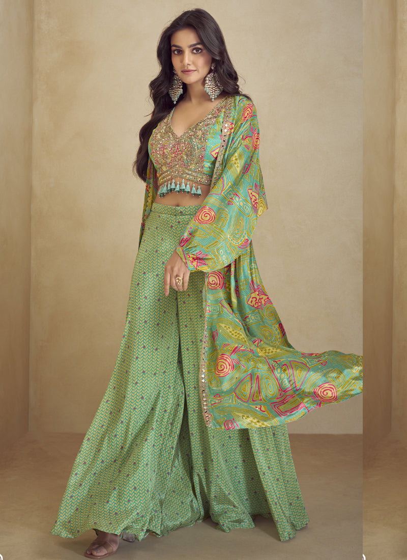 Lime Green Chinon Silk Digital Print Western Style Suit