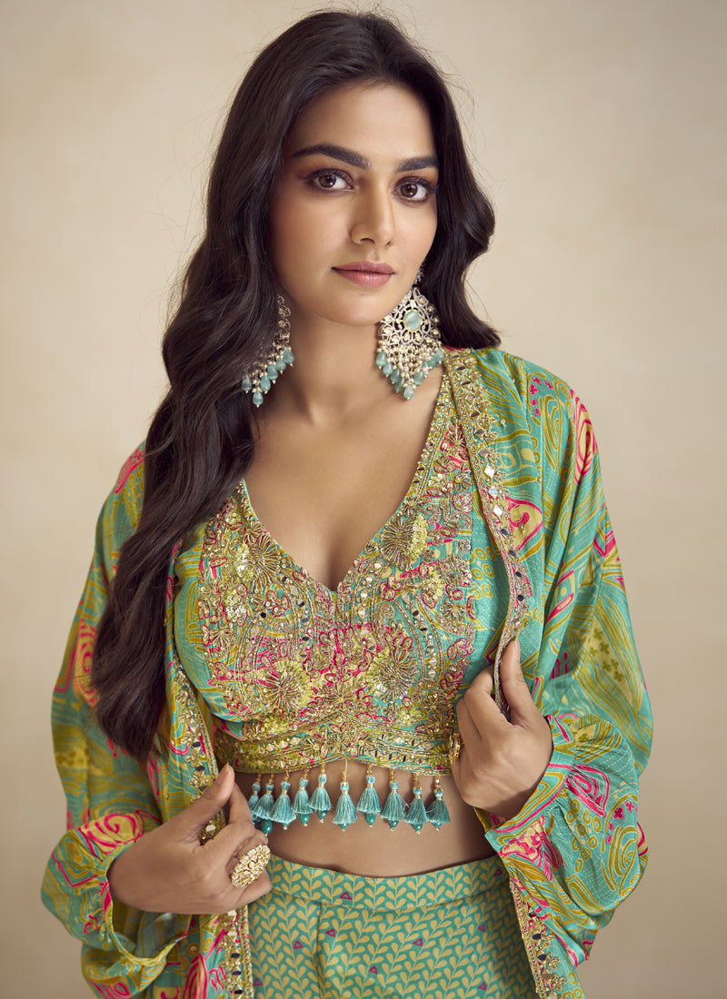Lime Green Chinon Silk Digital Print Western Style Suit