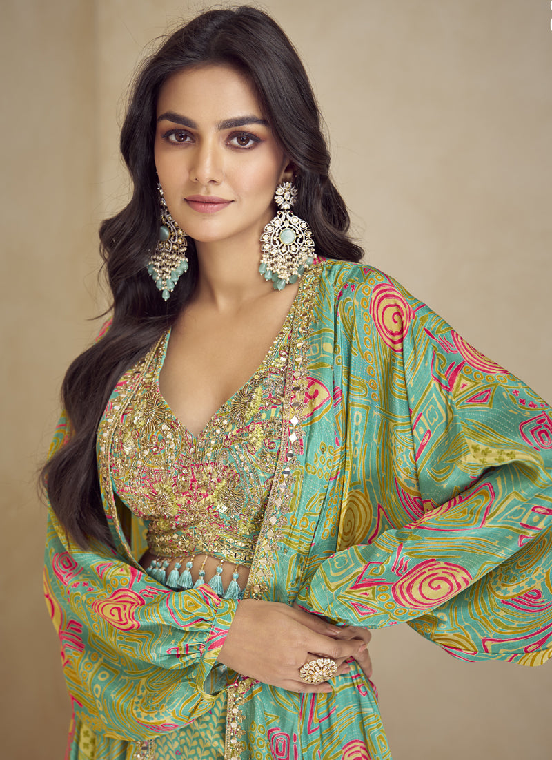 Lime Green Chinon Silk Digital Print Western Style Suit