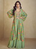 Lime green chinon silk suit with modern digital print and western-inspired silhouette