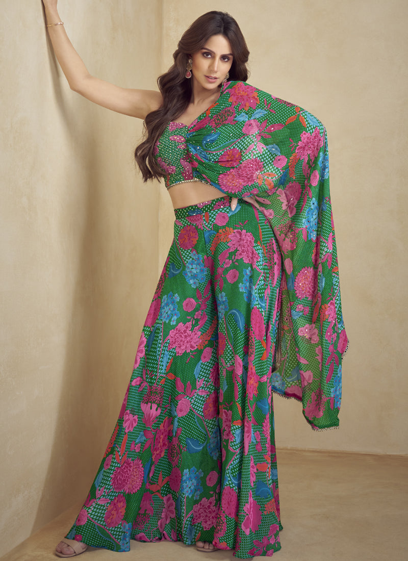 Green Chinon Silk Digital Print Western Suit for Festive Events