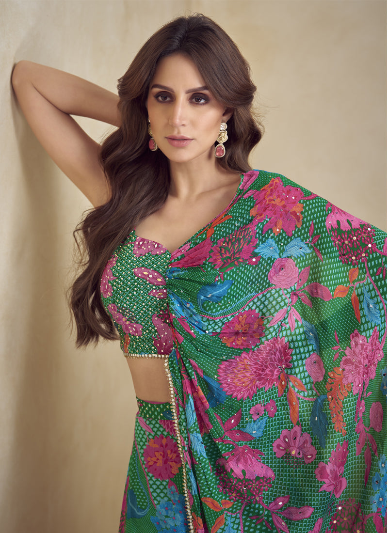 Green Chinon Silk Digital Print Western Suit for Festive Events