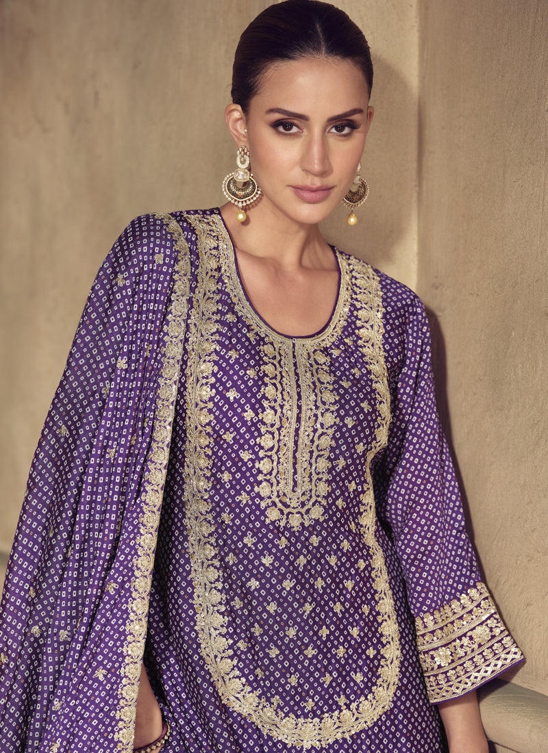 Violet Chinon Silk Embroidered Sharara Suit for Wedding Events