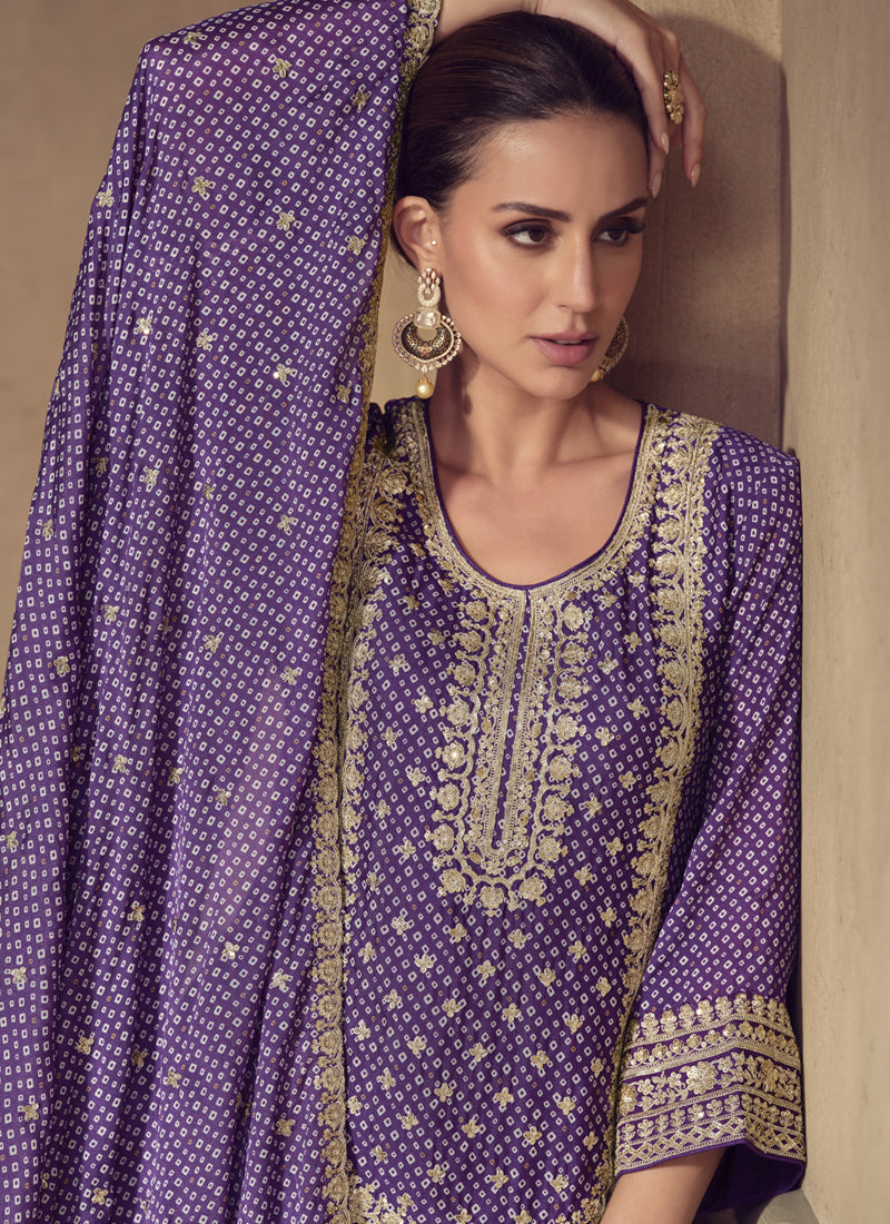 Violet Chinon Silk Embroidered Sharara Suit for Wedding Events