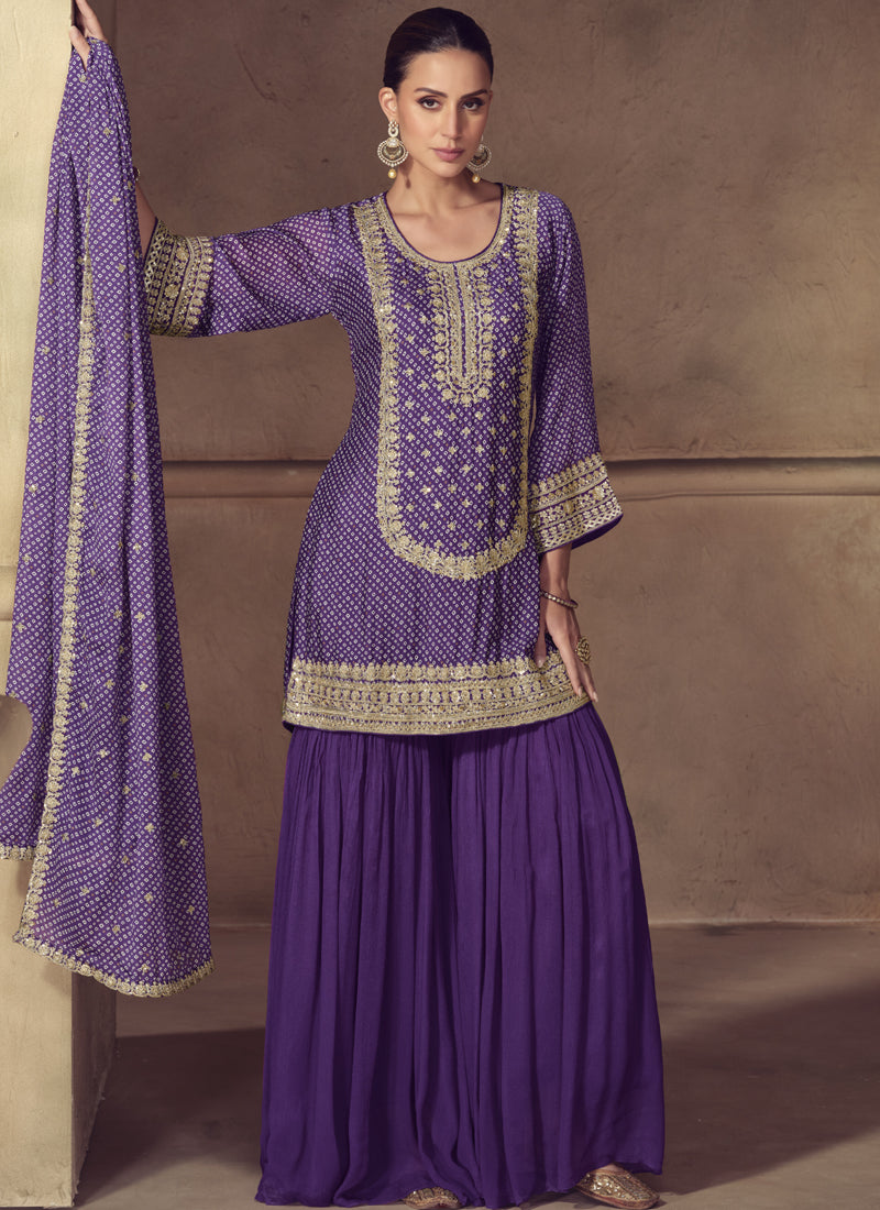 Violet Chinon Silk designer sharara suit with detailed gota patti embroidery for festive occasions