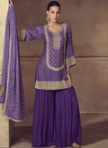 Violet Chinon Silk designer sharara suit with detailed gota patti embroidery for festive occasions