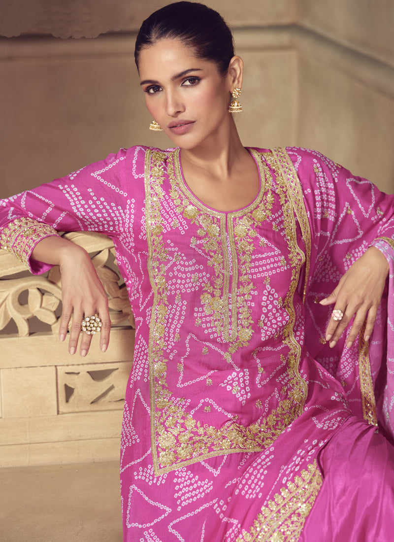 Pink Chinon Silk Embroidered Designer Sharara Suit