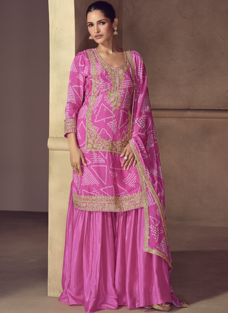 Pink Chinon Silk designer sharara suit with festive embroidery
