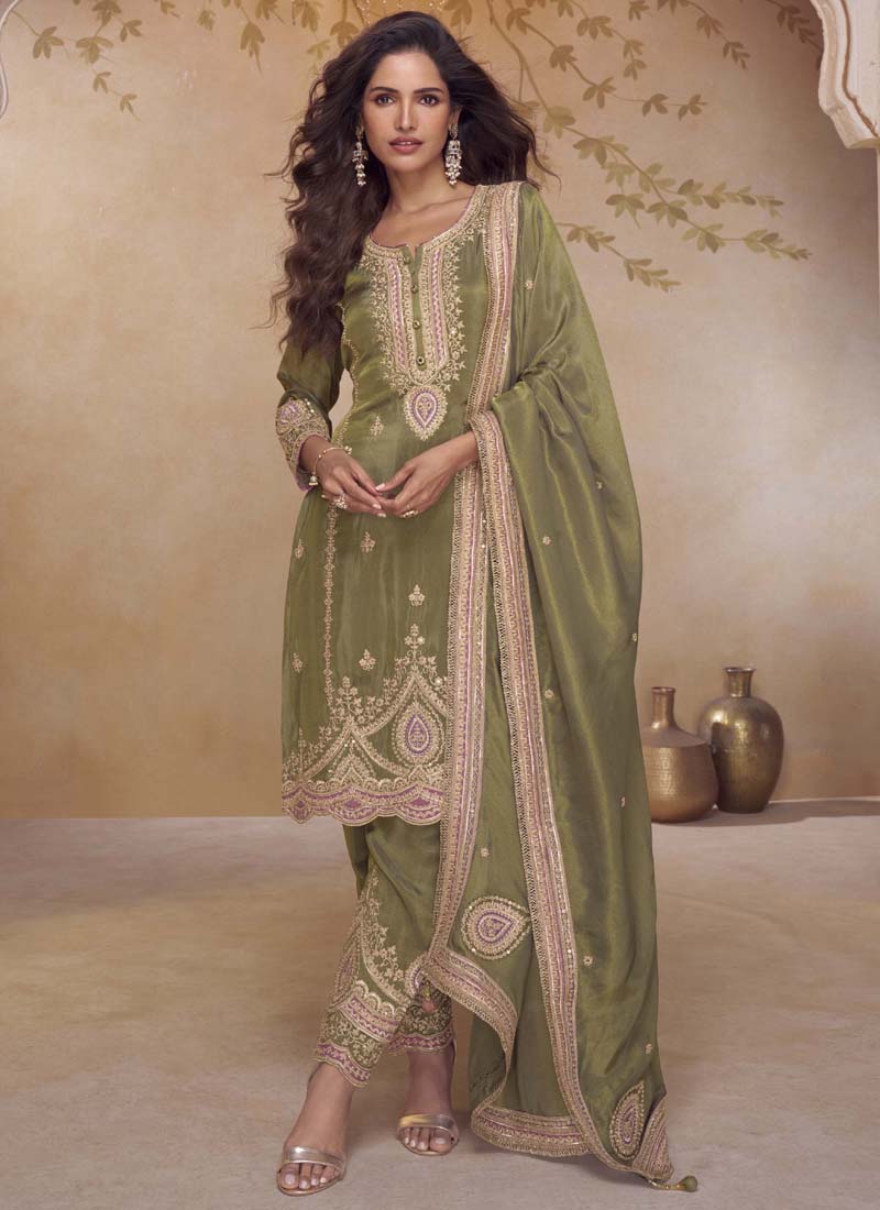 Mehendi Simar Silk salwar suit with detailed gota patti embroidery for weddings
