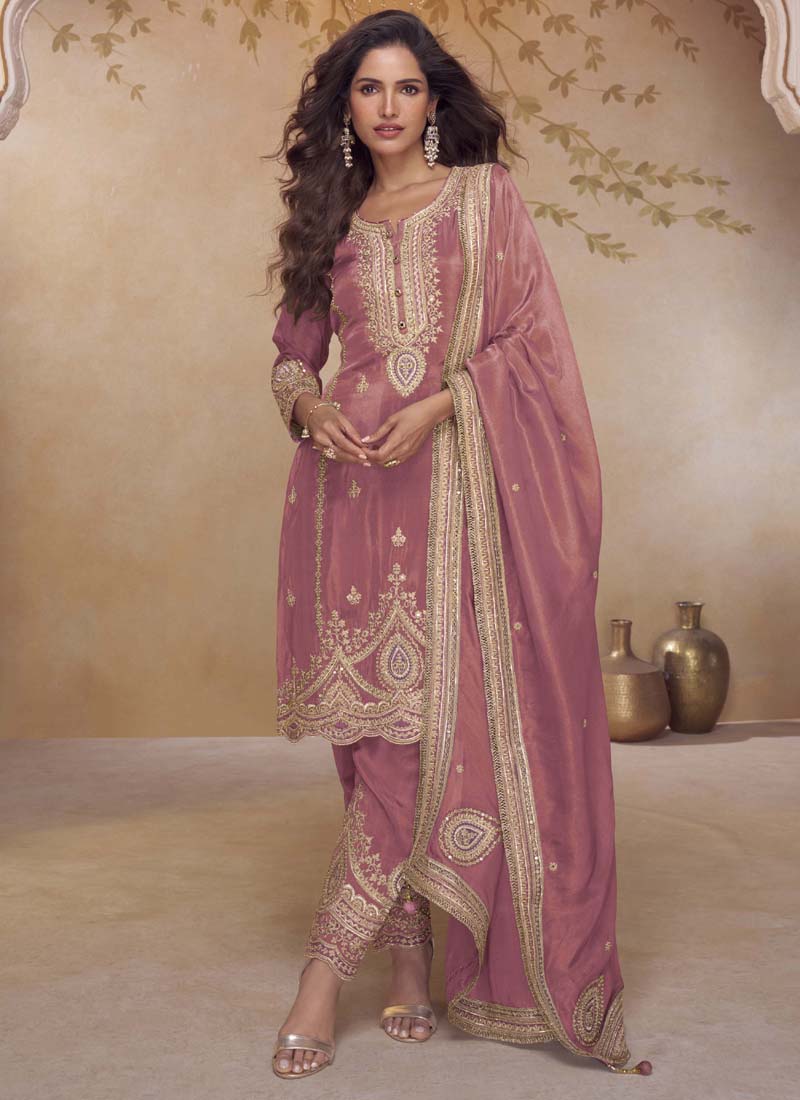 Peach simar silk designer salwar suit with intricate gota patti embroidery