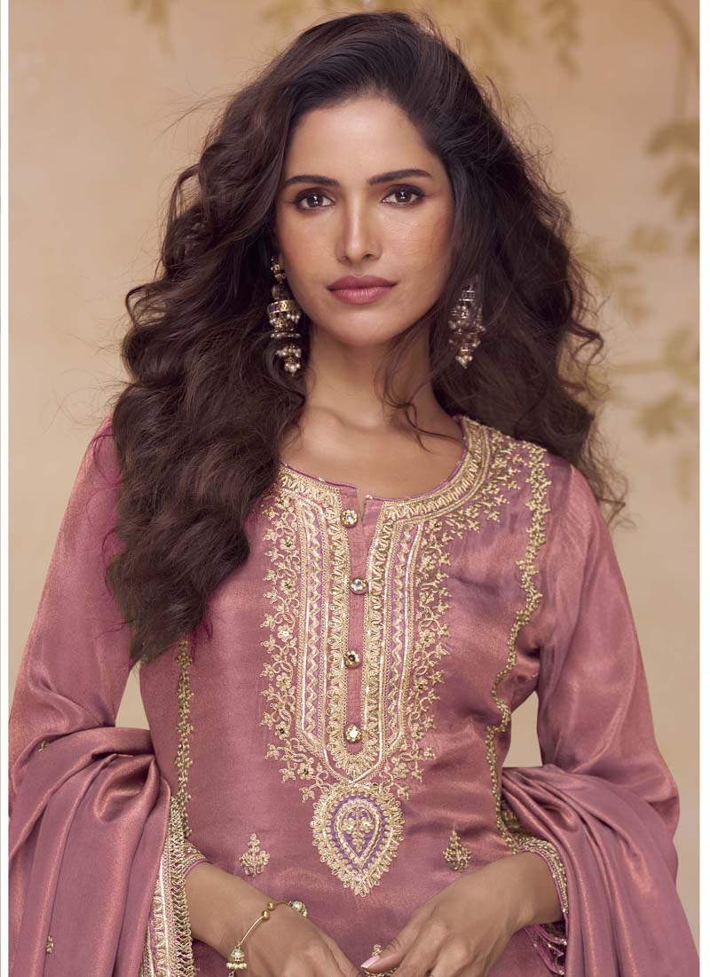 Peach Simar Silk Embroidered Designer Salwar Suit Set