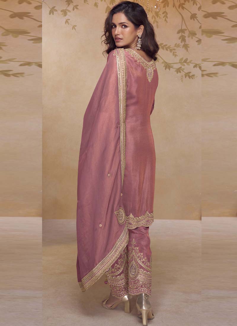 Peach Simar Silk Embroidered Designer Salwar Suit Set
