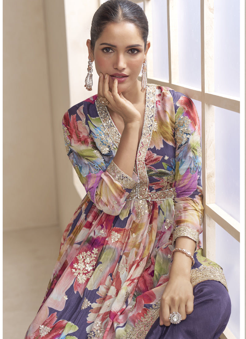 Violet Chinon Embroidered Palazzo Suit Set with Floral Accents
