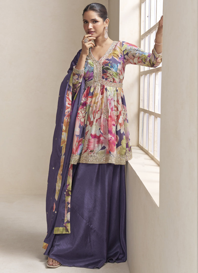 Violet Chinon Embroidered Palazzo Suit Set with Floral Accents
