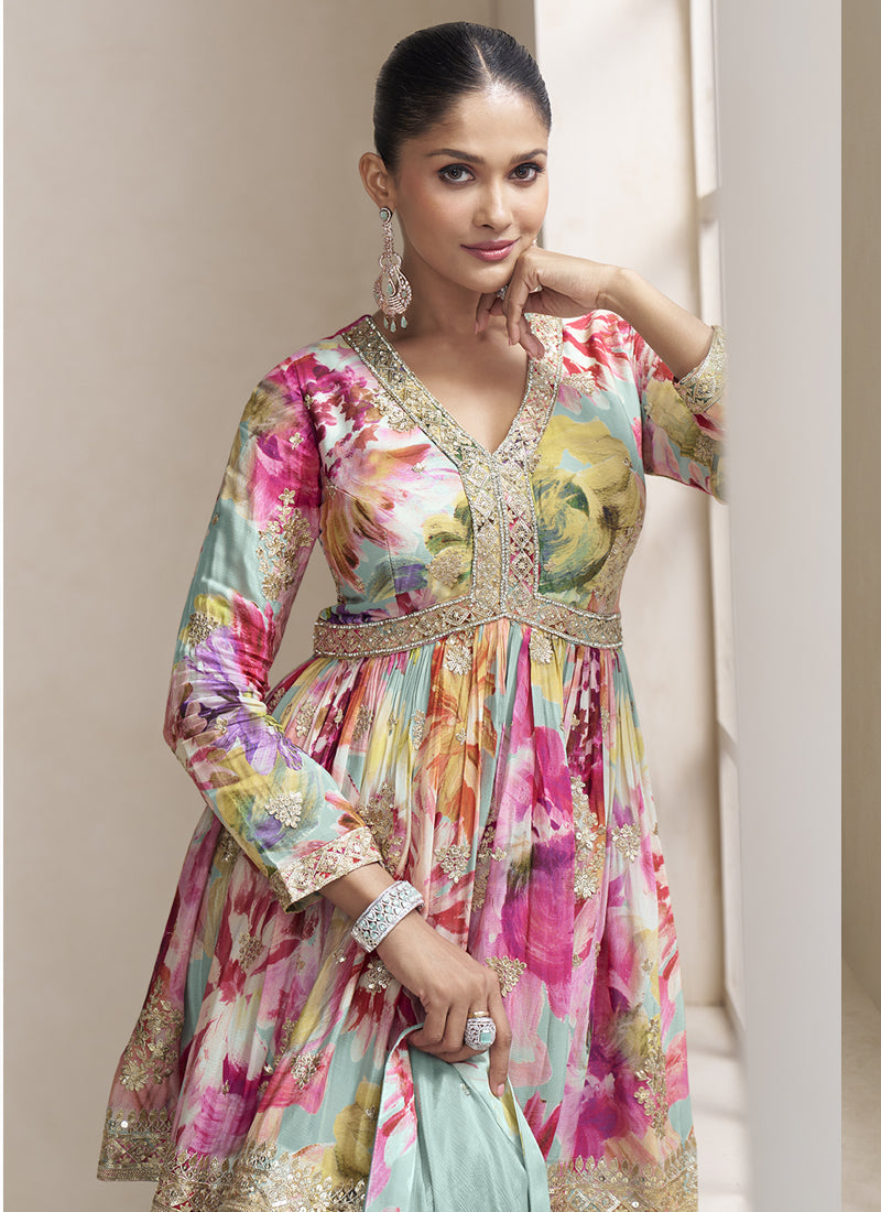 Sea Green Chinon Palazzo Suit with Gota Patti Embroidery