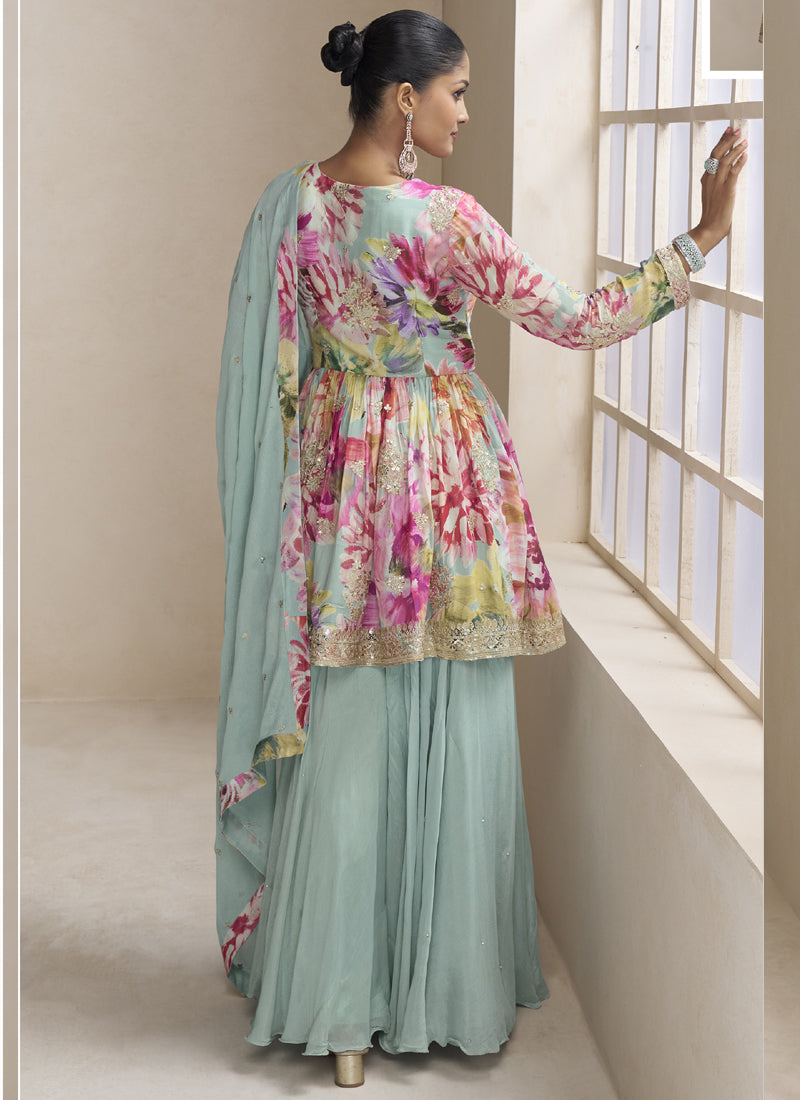 Sea Green Chinon Palazzo Suit with Gota Patti Embroidery