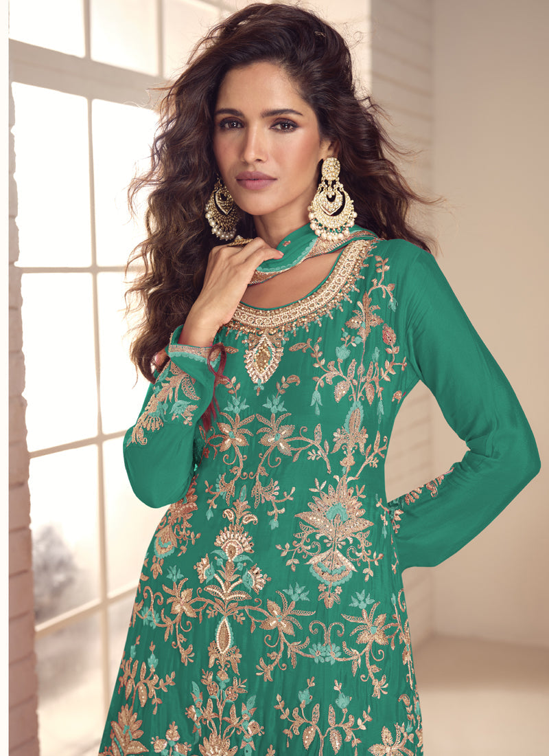 Rama Green Chinon Silk Embroidered Salwar Palazzo Suit Set