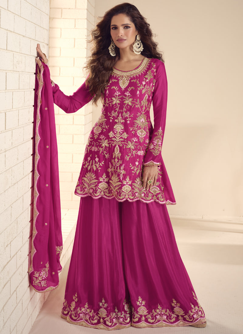 Pink Chinon Silk Salwar Palazzo suit with exquisite Gota Patti embroidery