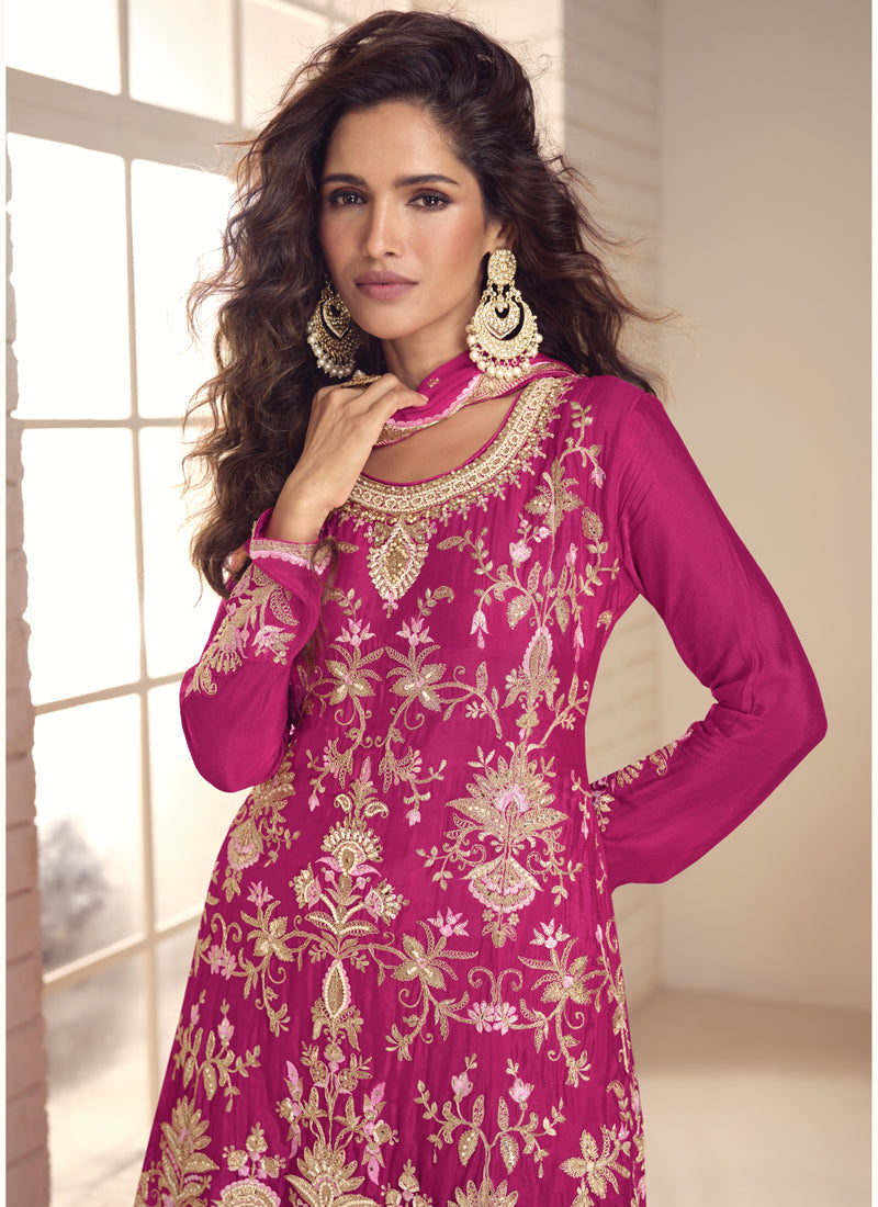 Pink Chinon Silk Embroidered Salwar Palazzo Suit