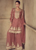 Brown Real Chinon Palazzo Suit with digital print and embroidered gota patti details