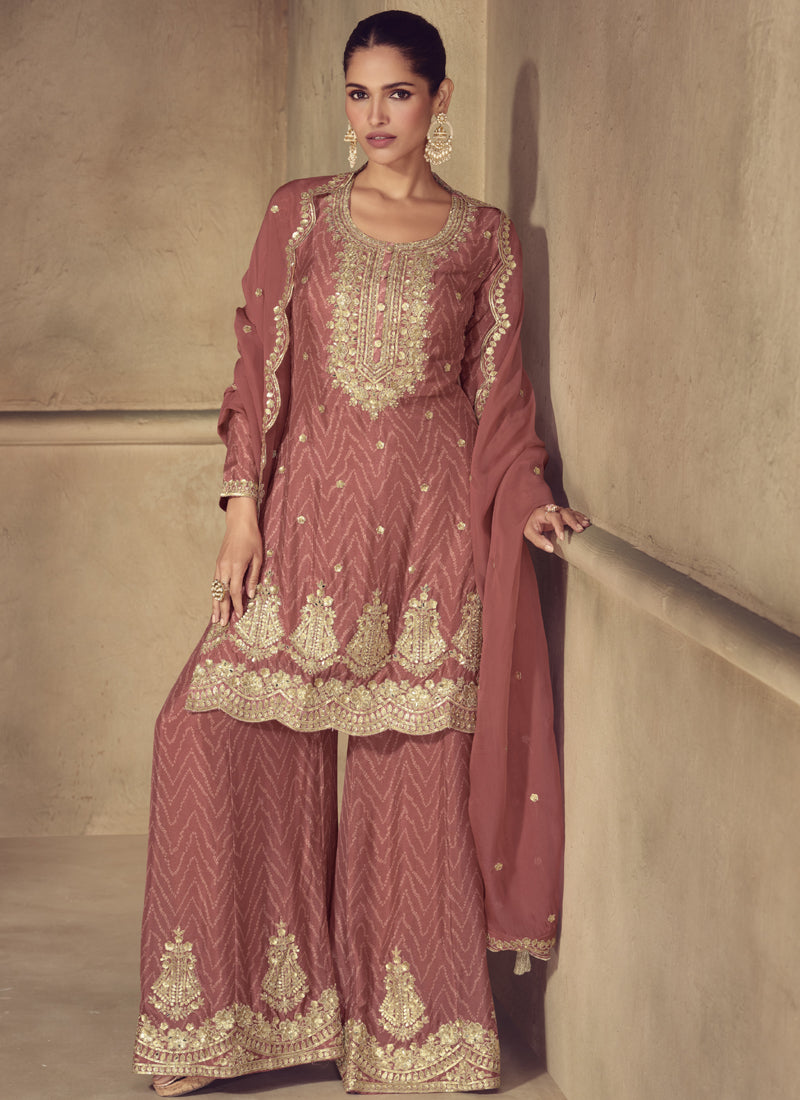 Brown Real Chinon Palazzo Suit with digital print and embroidered gota patti details