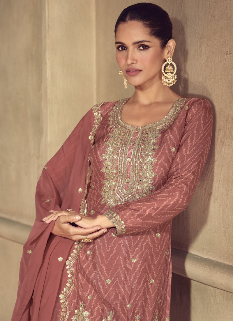 Brown Real Chinon Digital Print Palazzo Suit Set