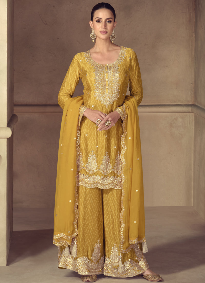 Yellow Chinon digital print palazzo suit with embroidery and gota patti