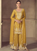Yellow Chinon digital print palazzo suit with embroidery and gota patti