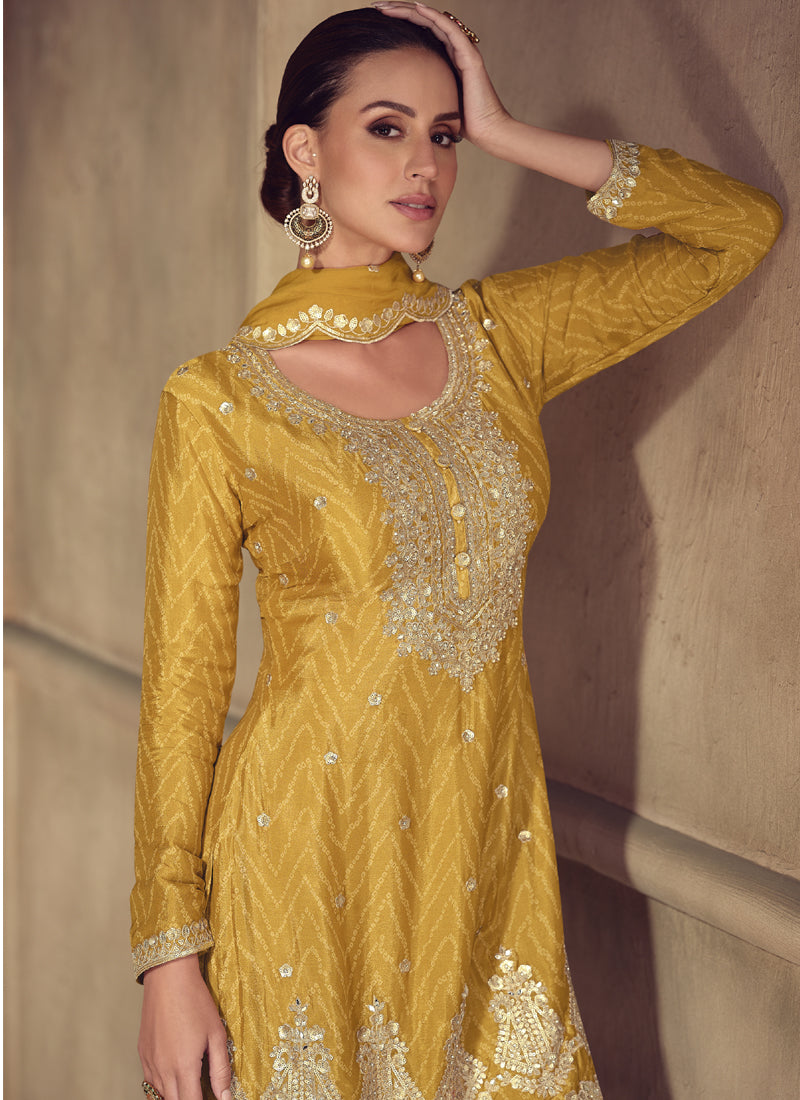 Yellow Chinon Digital Print Designer Palazzo Suit