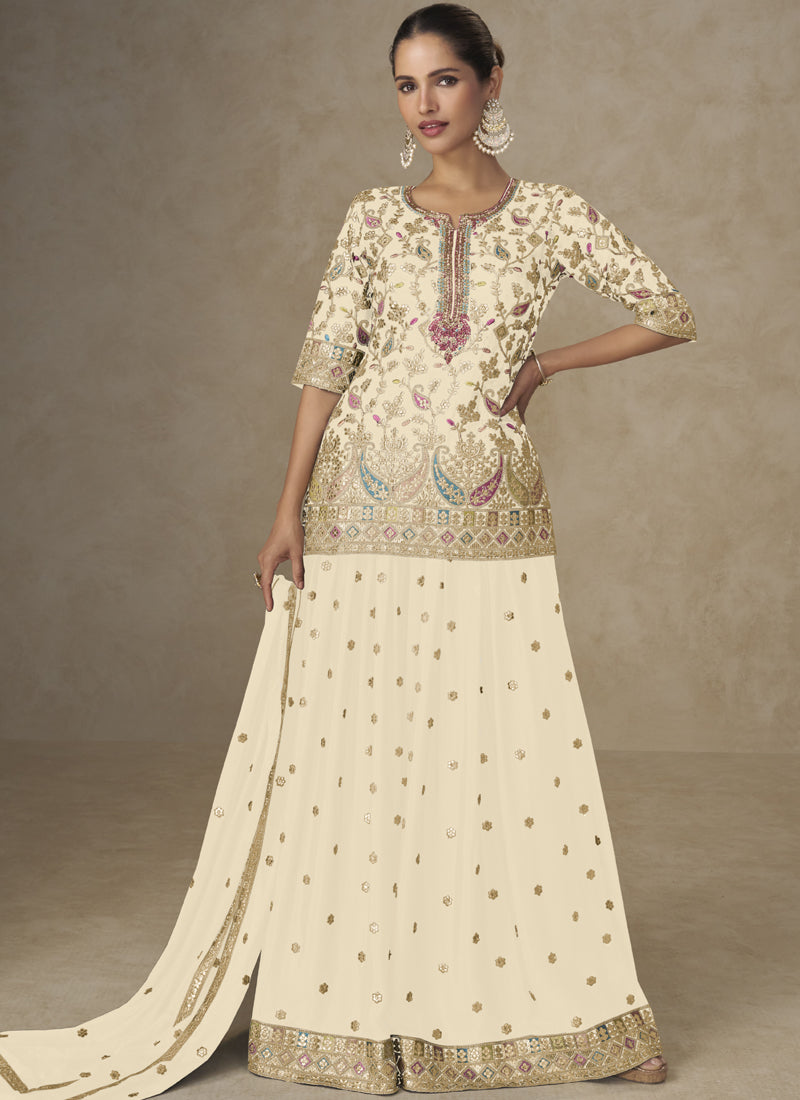 Off White Chinon Embroidered Designer Palazzo Suit