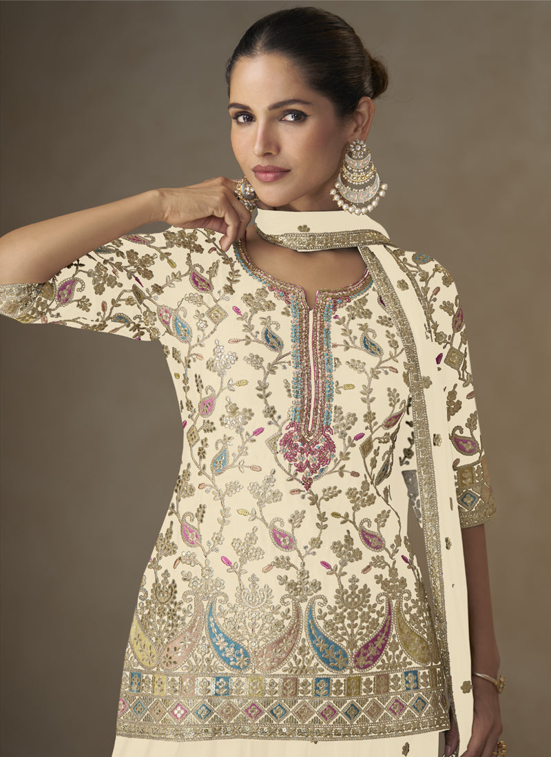 Off White Chinon Embroidered Designer Palazzo Suit Set