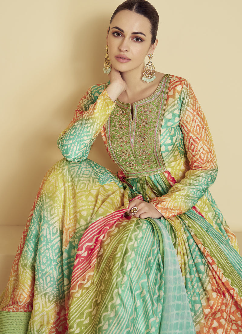 Multicolor Digital Print Anarkali Suit in Muslin Fabric
