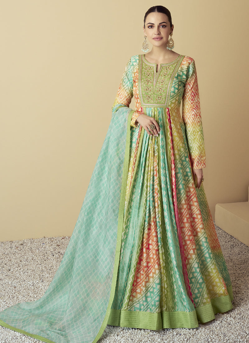 Multicolor muslin Anarkali suit with digital geometric print and embroidery