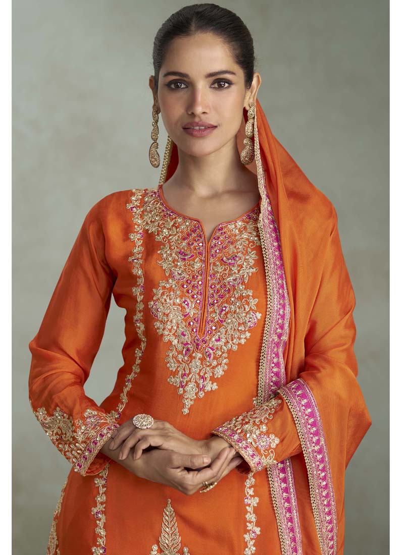 Orange Chinon Embroidered Palazzo Suit with Gota Patti Work