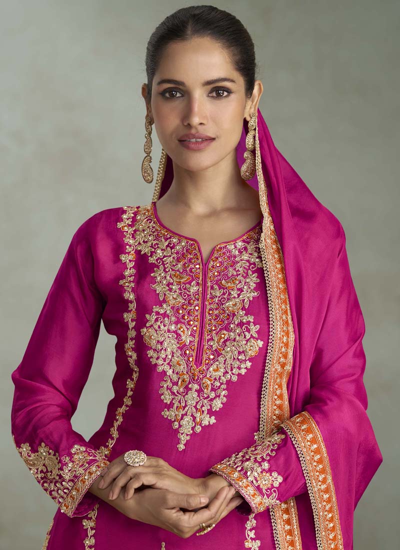 Rani Pink Chinon Palazzo Suit with Gota Patti Embroidery