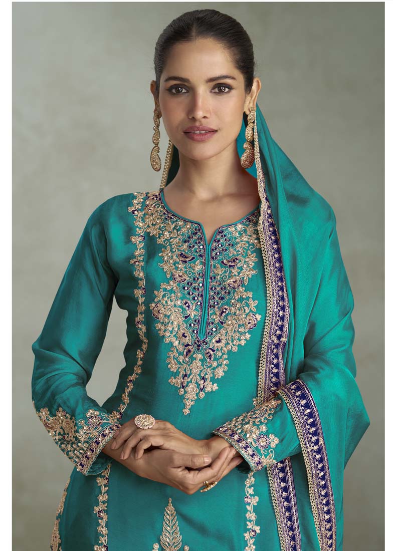 Turquoise Chinon Embroidered Palazzo Suit Set for Festive Events