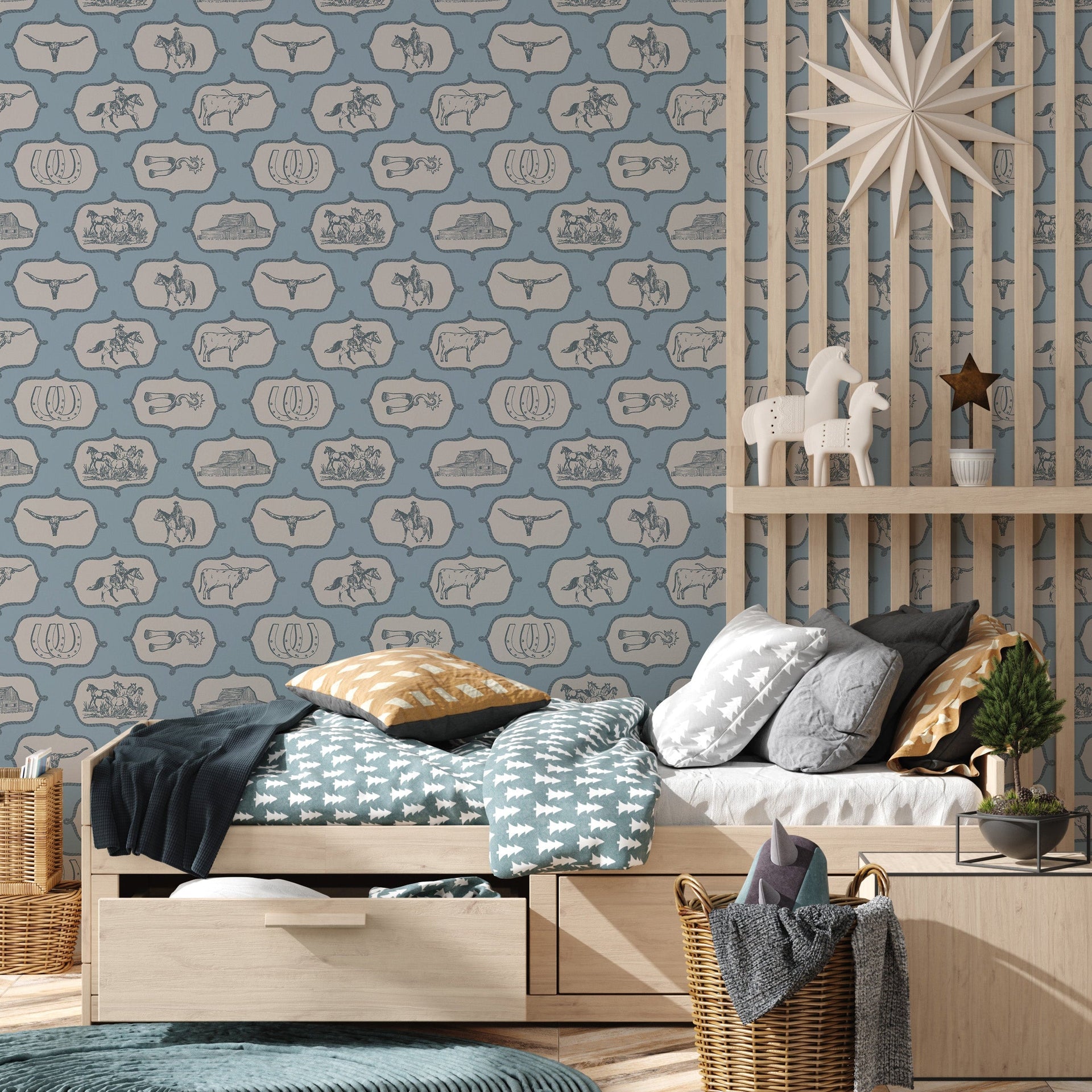 Gus Removable Wallpaper in Blue and Grey Rustic Western Style