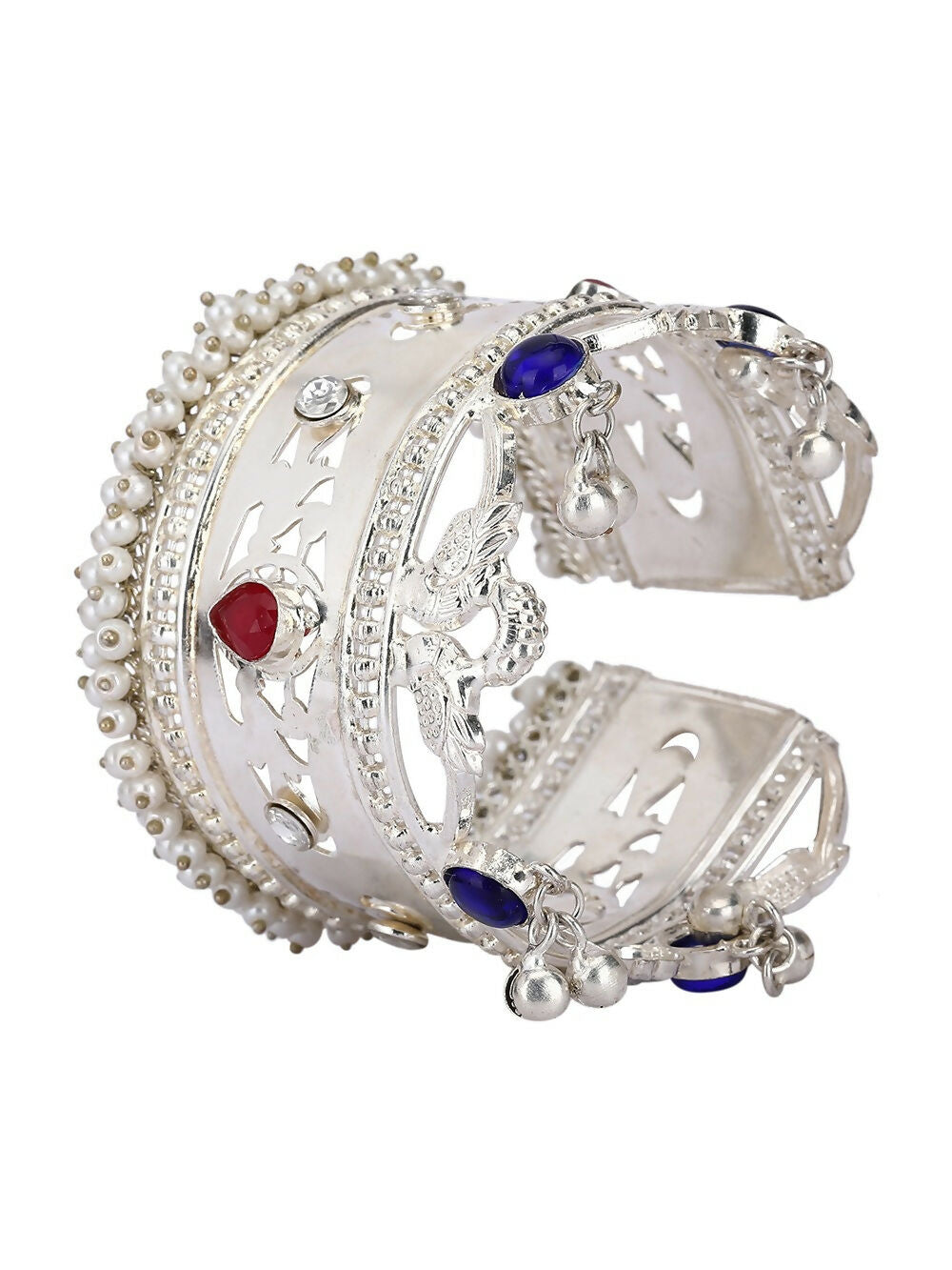 Multicolor Stone Silver Tone Bangle for Women, Intricate Patterns