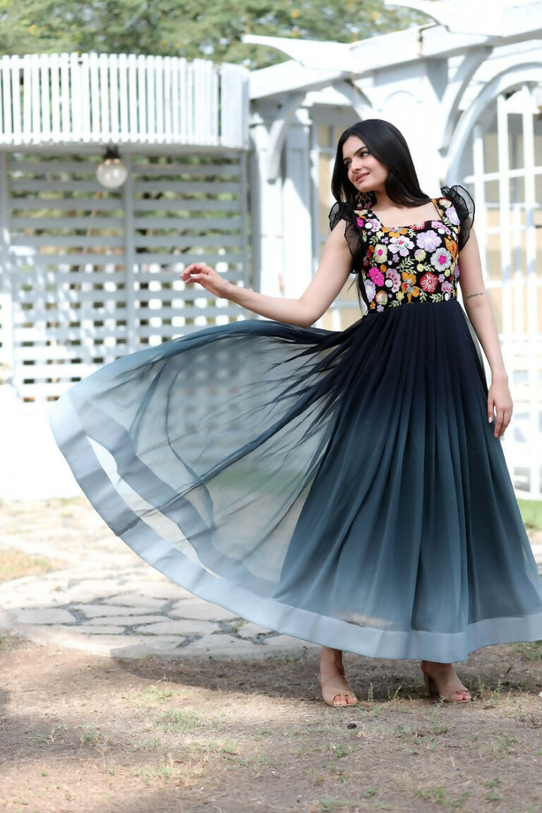Black Sequins Embroidery Faux Blooming Anarkali Dress