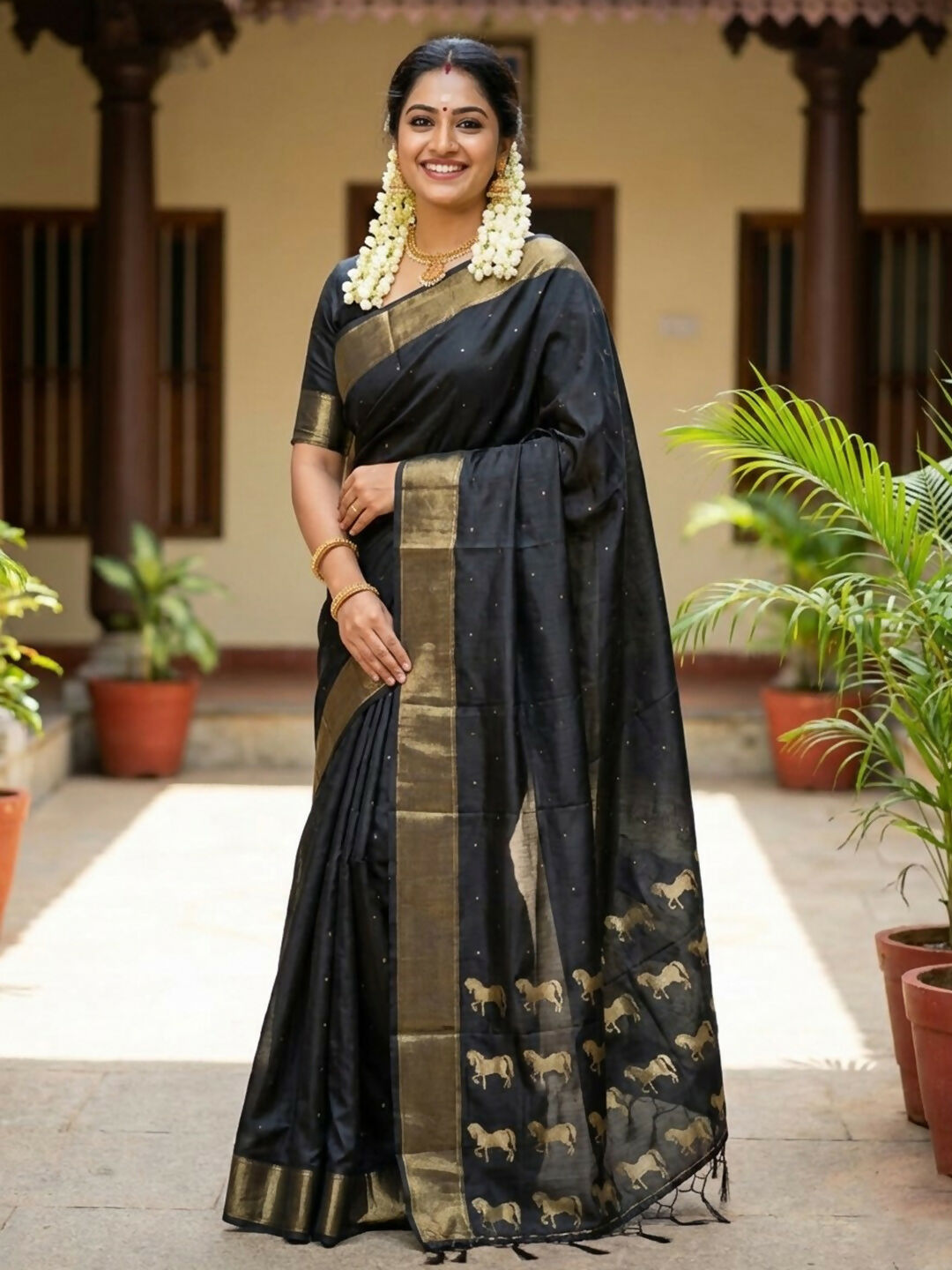 Woman wearing a elegant black soft silk saree with a matching blouse