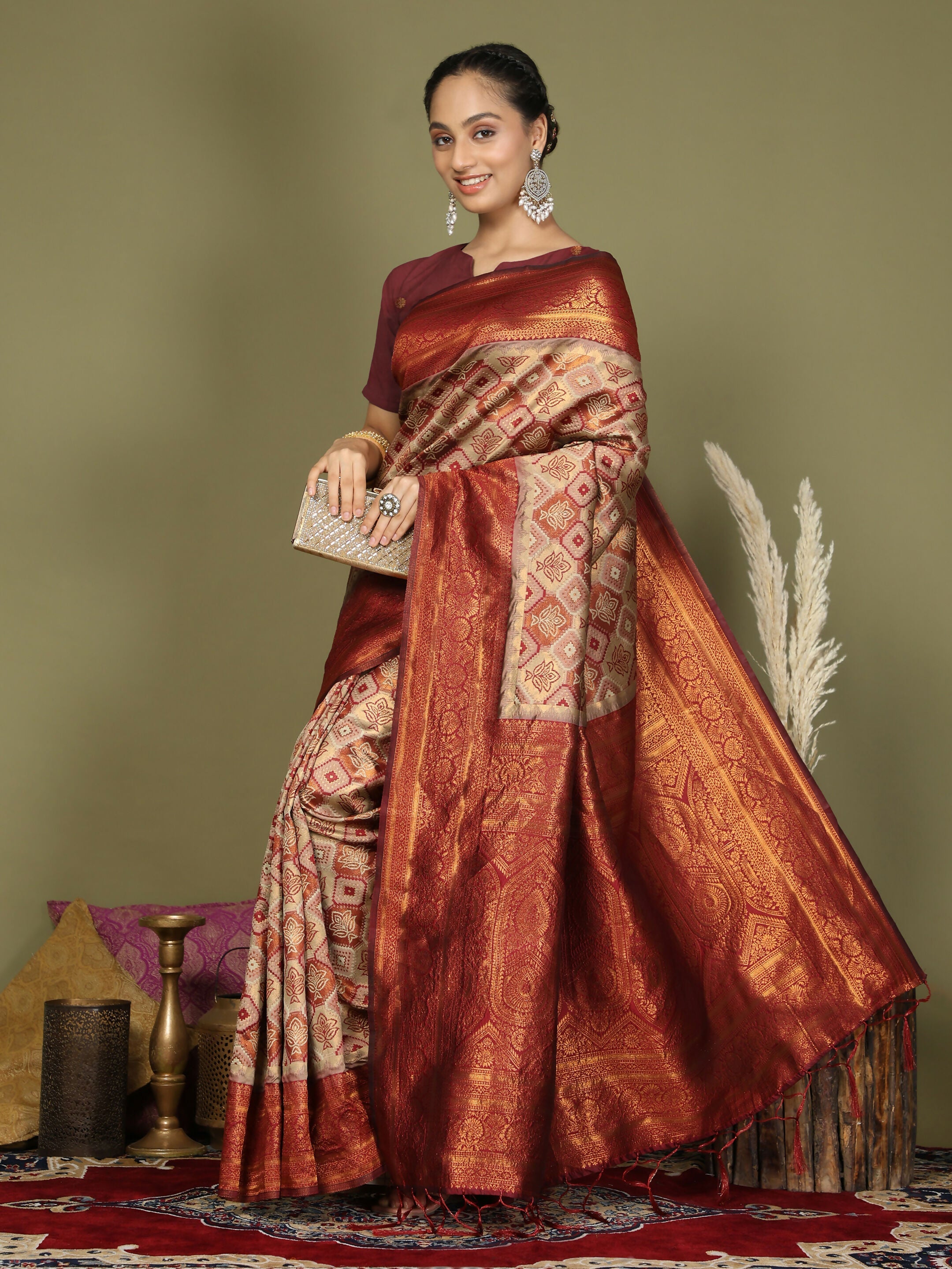 Cream Lichi Silk Saree with Red Blouse