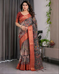 A elegant black pure handloom linen saree with a matching blouse piece against a plain background