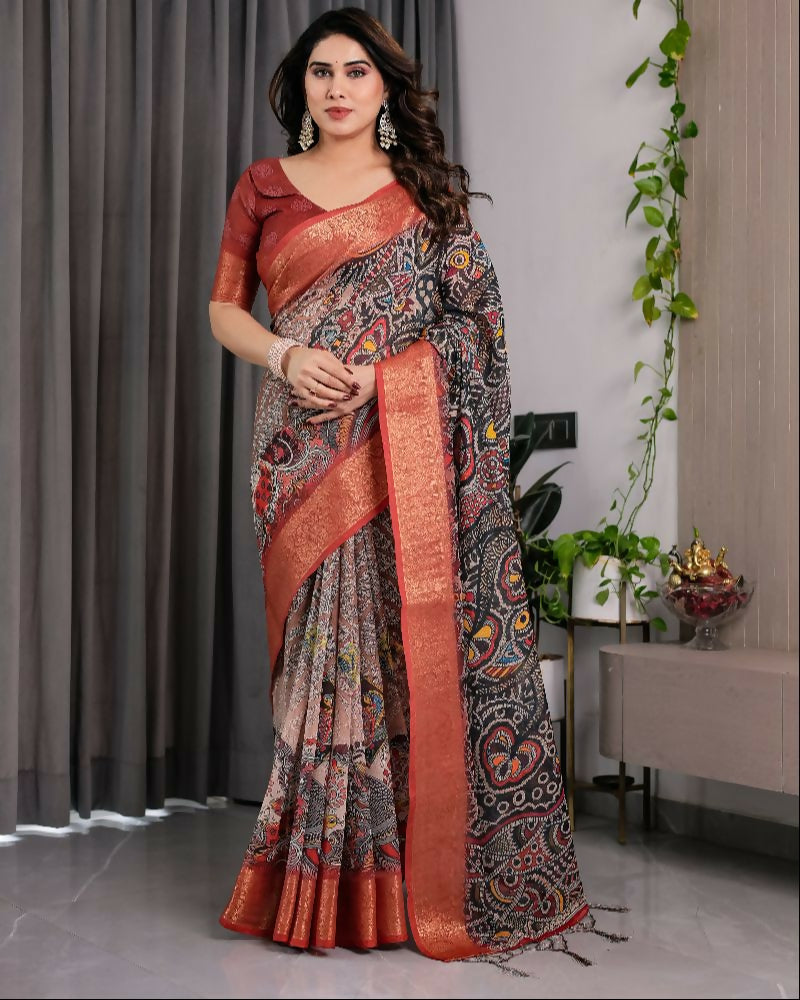 A elegant black pure handloom linen saree with a matching blouse piece against a plain background