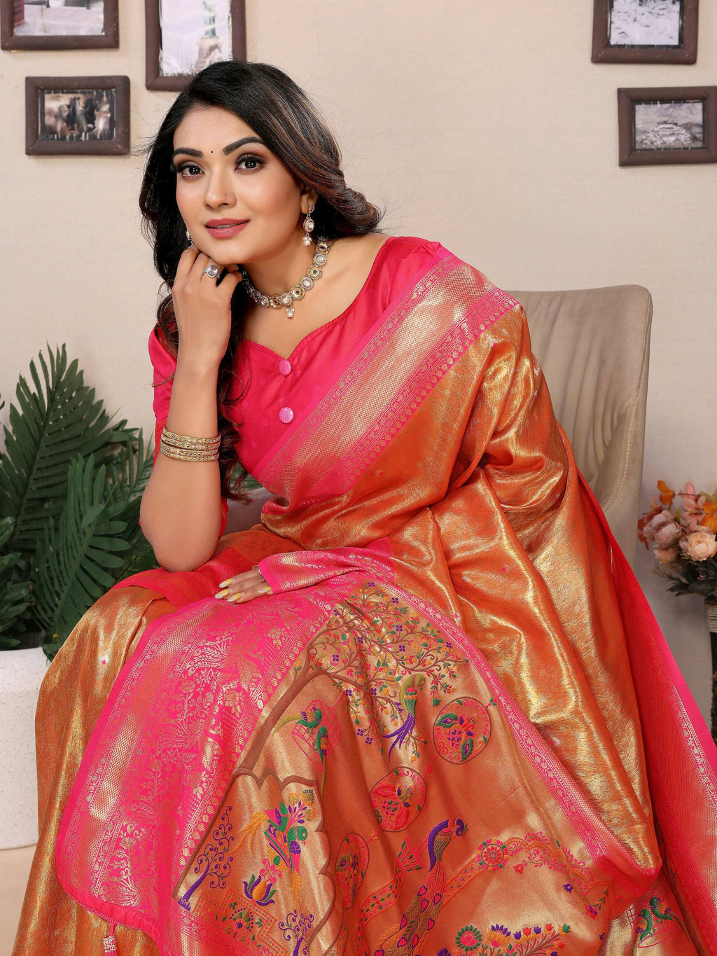 Orange Tissue Silk Weaving Saree with Intricate Traditional Design