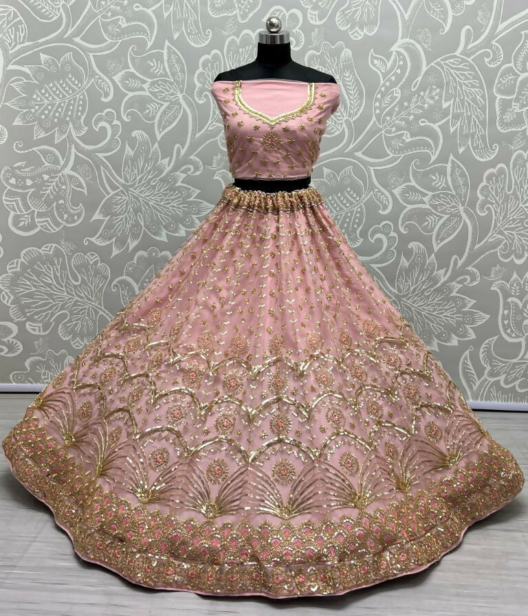 Pink Bridal Net Lehenga Choli with Handwork and Sequins