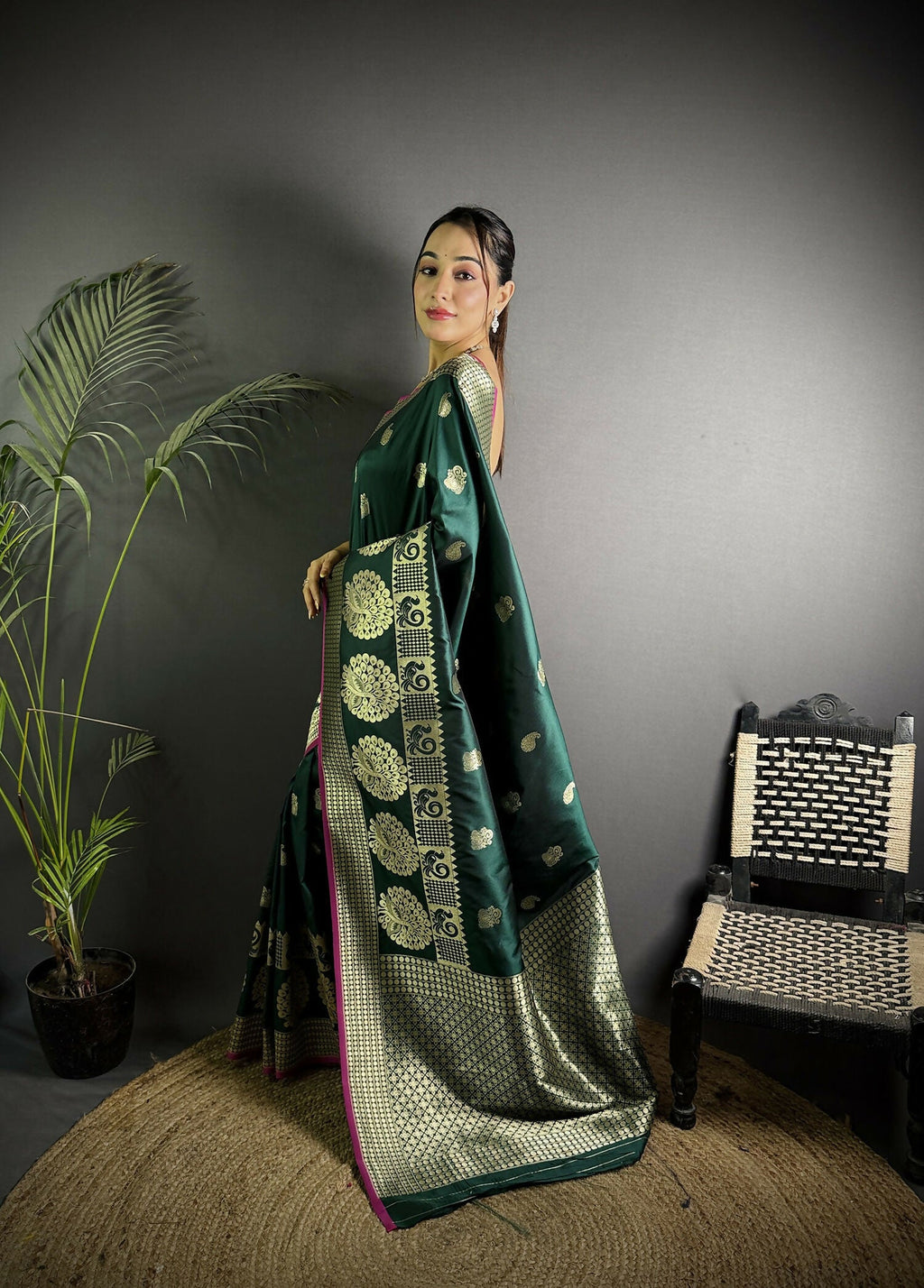 Dark Green Banarasi Soft Lichi Silk Paisley Saree